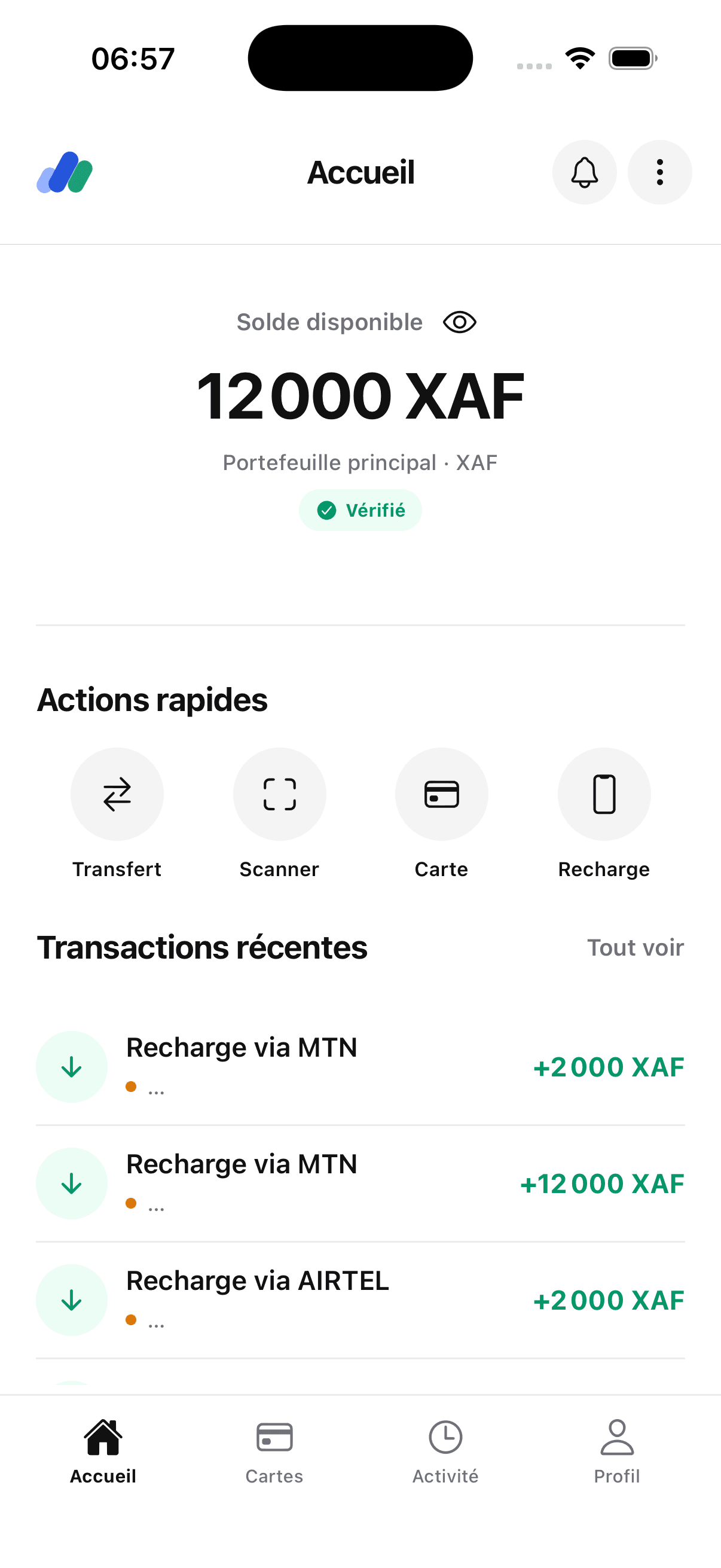 Écran d’accueil de l’application mobile MonyCash